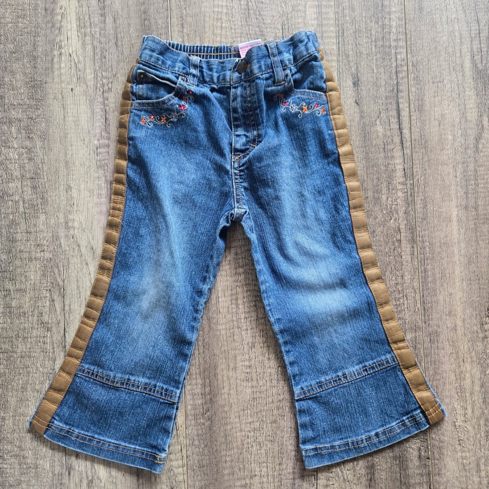 Mudd Girls Blue Flare Jeans Floral Embroidered Side Stripe Denim Pants 3T Y2K